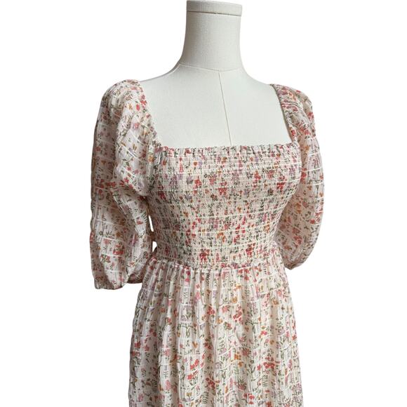 Rails Geena Ambrosia Smocked Puff Sleeve Mini Dress Size Small Cream/Pink Color - Picture 4 of 11